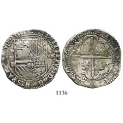 Potosi, Bolivia, cob 8 reales, Philip II, assayer B/C below erasure (2nd period), extremely rare.
