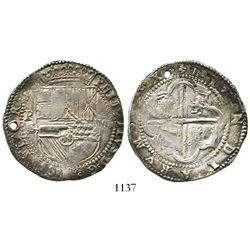 Potosi, Bolivia, cob 8 reales, Philip II, assayer B (2nd period, "Great Module").