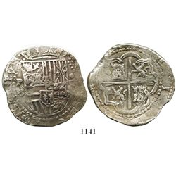 Potosi, Bolivia, cob 8 reales, Philip II, assayer B (4th period).