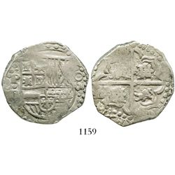 Potosi, Bolivia, cob 8 reales, Philip IV, assayer P (mid-1620s), quadrants of cross transposed.