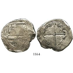 Potosi, Bolivia, cob 8 reales, Philip IV, assayer T (early 1630s), quadrants of cross transposed, Je