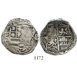 Potosi, Bolivia, cob 4 reales, Philip II, assayer B (5th period), border of x's on reverse only.
