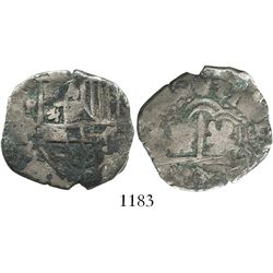 Potosi, Bolivia, cob 4 reales, Philip IV, assayer TR(?), debased and underweight, rare.