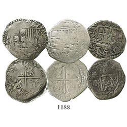 Lot of 3 Potosi, Bolivia, cob 2 reales, Philip II, assayers A, R (Ramos) and B (5th period).