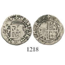 Potosi, Bolivia, cob 1/2 real, Philip II, assayer R (Rincon) to right, mintmark P to left.