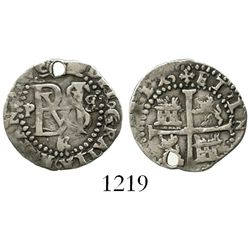 Potosi, Bolivia, cob 1/2 real, Philip II, assayer B (backwards) to right, mintmark P to left, and B/