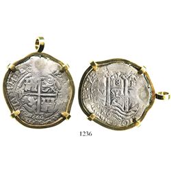 Potosi, Bolivia, cob 8 reales, 1664E, mounted cross-side out in 18K pendant-bezel.