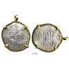 Image 1 : Potosi, Bolivia, cob 8 reales, 1664E, mounted cross-side out in 18K pendant-bezel.
