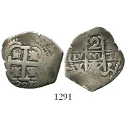 Potosi, Bolivia, cob 2 reales, 1727Y, Louis I, rare.