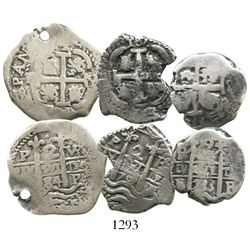 Lot of 3 Potosi, Bolivia, cob 2R, Charles II and Philip V, various dates (1684VR, 1701F and 1733E).