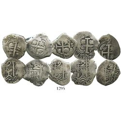 Lot of 5 Potosi, Bolivia, cob 2 reales of Philip V, various dates: 1716Y, 1717Y, 1718Y, 1735E and 17