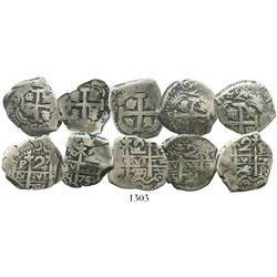 Lot of 5 Potosi, Bolivia, cob 2 reales of the 1740s, as follows: 1742C/P, 1745q (2), 1746q and 1749q