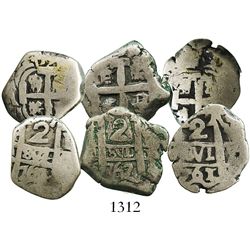 Lot of 3 Potosi, Bolivia, cob 2 reales, of Charles III, assayers V-Y, various dates: 1761, 1764 and