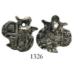 Potosi, Bolivia, cob 1 real, Charles II, assayer VR (date not visible), cut down into classic "heart