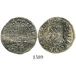 Granada, Spain, 1 real, Ferdinand-Isabel, assayer ermines flanking shield, mintmark Gothic G on reve