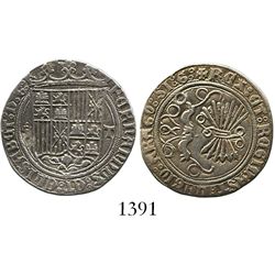 Toledo, Spain, 1 real, Ferdinand-Isabel, assayer five dots in cruciform to left, mintmark T to right