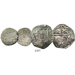 Lot of 2 Seville, Spain, cob minors: 4R, Philip III, assayer V; 1R, Philip II, assayer Gothic D.