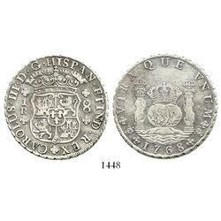 Potosi, Bolivia, pillar 8 reales, Charles III, 1768JR, 4-petalled rosette below shield.