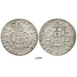 Brazil (Bahia mint), 960 reis, Joao VI, 1820-B, struck over a Cadiz, Spain, bust 8 reales of 1813GJ.