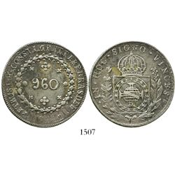 Brazil (Bahia mint), 960 reis, Pedro I, 1824-B, struck over a Guanajuato, Mexico, bust 8 reales of F