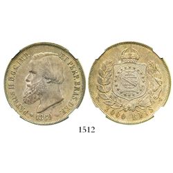 Brazil, 2000 reis, Pedro II, 1869, encapsulated NGC MS 62, second finest known graded by NGC.