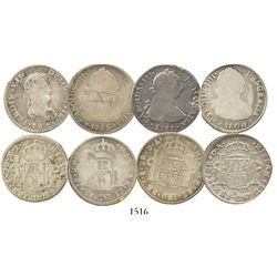 Lot of 4 Santiago, Chile, bust 2 reales of Charles III, Charles IV and Ferdinand VII: 1781DA, 1785DA