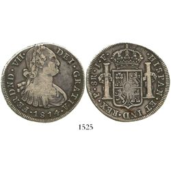 Popayan, Colombia, bust 8 reales, Ferdinand VII, 1814JF, very rare.