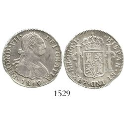 Bogota, Colombia, bust 2 reales, Ferdinand VII (bust of Charles IV), 1819FJ, normal date.