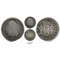 Bogota, Colombia, bust 1/2 real, Charles IV, 1799JJ, rare.