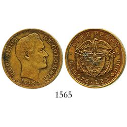 Colombia, brass pattern struck in 1918 for a 10 pesos (gold) of 1919 and 1924, struck on a US Army R