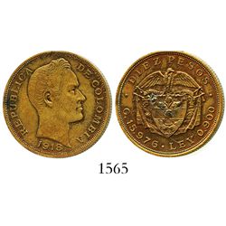 Colombia, brass pattern struck in 1918 for a 10 pesos (gold) of 1919 and 1924, struck on a US Army R