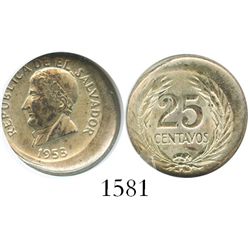 El Salvador (struck in Denver), 25 centavos, 1953, encapsulated ANACS AU 58, unique error struck abo
