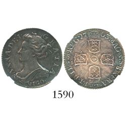 London, England, sixpence, 1703, with VIGO below bust of Anne, encapsulated NGC XF 45.