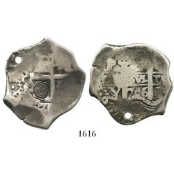 Guatemala, 8 reales, sun-over-mountains countermark (Type II, 1839) on a Potosi, Bolivia, cob 8 real