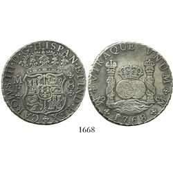 Mexico City, Mexico, pillar 8 reales, Charles III, 1768MF, rare variety with : in middle of date (17