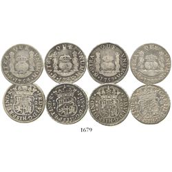 Lot of 4 Mexico City, Mexico, pillar 2 reales of Philip V, Ferdinand VI and Charles III: 1746M, 1754