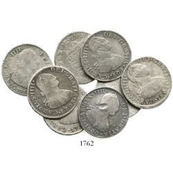 Lot of 8 Lima, Peru, bust 2 reales of Charles IV, dated 1794IJ, 1795IJ, 1796IJ, 1792IJ, 1799IJ, 1800