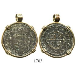 Seville, Spain, milled 2 reales "pistareen," Philip V, 1722J, mounted in 14K gold necklace-bezel.