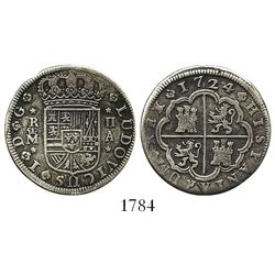 Madrid, Spain, milled 2 reales "pistareen," Louis I, 1724A.