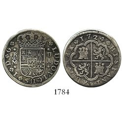 Madrid, Spain, milled 2 reales "pistareen," Louis I, 1724A.