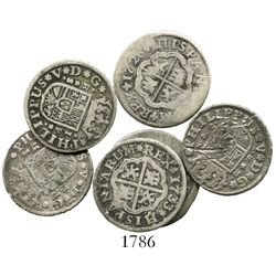 Lot of 6 Spanish milled 1R "pistareens" of Philip V, various mints and dates (1726-1737).