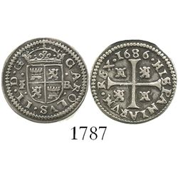 Segovia, Spain, milled 1/2 real "quarter pistareen," Charles II, 1686BR.