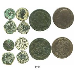 Small type-collection of 6 miscellaneous Spanish copper coins: Ferdinand-Isabel Seville blanca; Phil