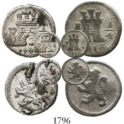 Lot of 2 Spanish colonial milled 1/4R: Potosi, Bolivia, Charles IV, 1796; Popayan, Colombia, Ferdina