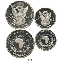 Lot of 2 Sudan proof piedfort 10 pounds (plain edge) and 5 pounds (reeded edge), 1978, Khartoum meet