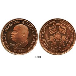 Togo, copper proof piedfort 10,000 francs, 1977, rare (20 minted).