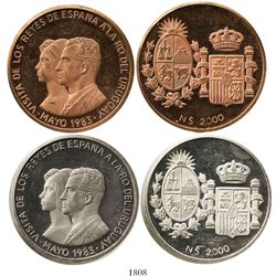 Lot of 2 Uruguay proof piedfort 2000 nuevos pesos patterns,1983, Spanish royal visit, plain edge, on