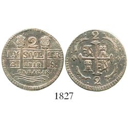 Caracas, Venezuela, 2 reales, date "1818" (struck in 1830), assayer BS, fleurs instead of F-7 flanki