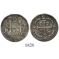 Caracas, Venezuela, 2 reales, date  1818  (struck 1830), assayer BS, fleurs instead of F-7 flanking 