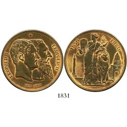 Belgium, 5 franc-sized medal in copper, Leopold II, 1880, 50th anniversary of independence.